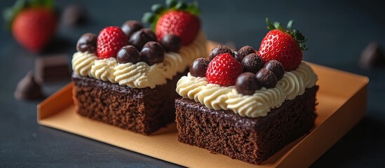 Delicious chocolate cakes topped with strawberries and chocolate balls in a vibrant orange box on a dark background