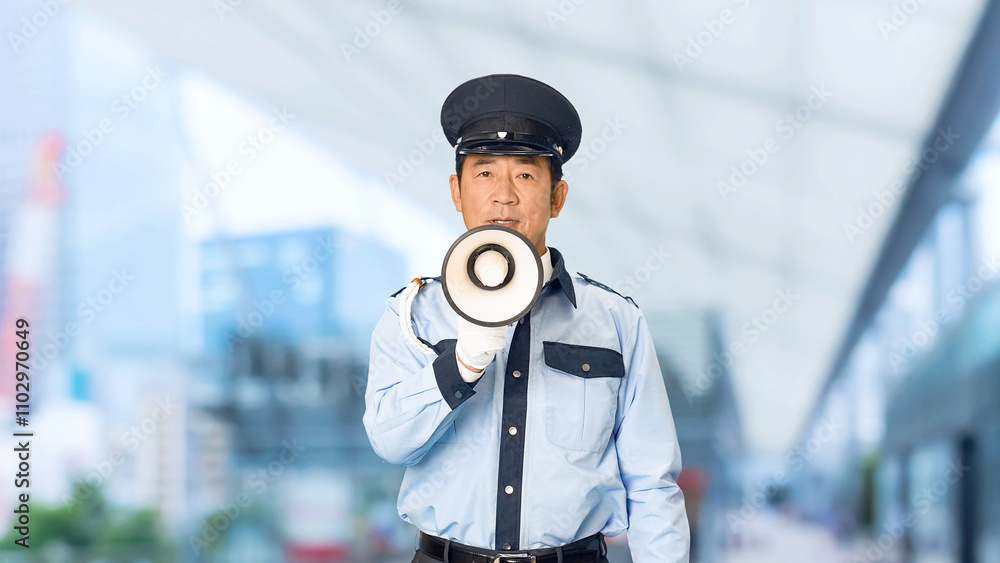 Leinwandbilder 警察官、セキュリティ、警察、パトロール、警官、警備員、男性、拡声器、誘導、交通整理、案内、スピーカー、DJポリス、イベント、警備、警備会社、防犯、制服、職業、仕事、アルバイト、中年、ミドルエイジ、日本人、混雑、監視、取り締まり、見守り、安全、号令、叫ぶ、大声、応援、注意、警告、交渉、人質、上半身、立てこもり、ネゴシエーター、呼びかけ、スローモーション、駅、駅前、都市、治安、社会、都会、繁華街、人物