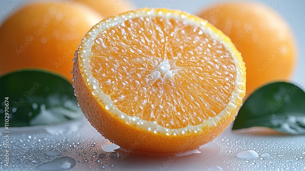 Poster ripe orange with water droplets close-up on a light background showcasing freshness and vivid color 