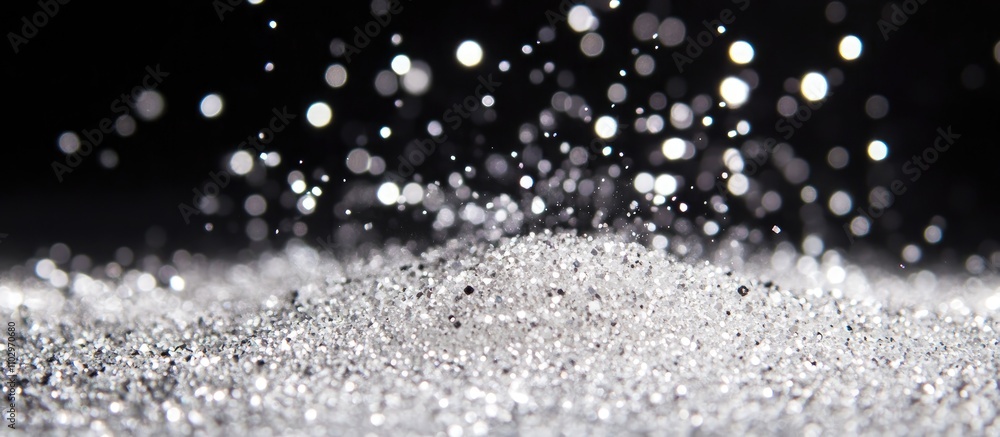 Poster glittering silver sparkles falling on a pristine white surface with a contrasting black background c