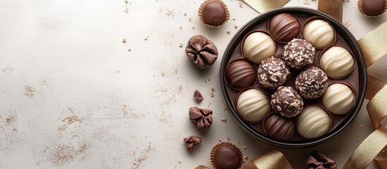 Elegant assortment of chocolate candies in a white box with golden ribbon on a neutral background perfect for gifting or branding purposes