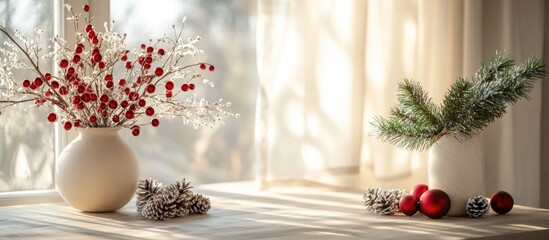 Bright holiday table setting with fir branches and mistletoe wreath in a sunlit room creating a cozy festive atmosphere