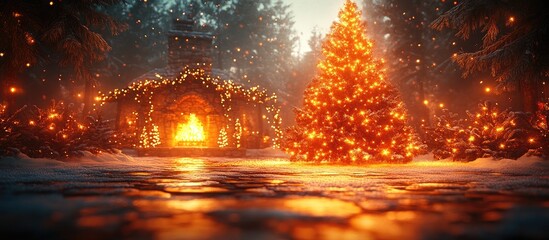 Enchanting winter landscape with a glowing Christmas tree and cozy fireplace surrounded by festive lights in a serene snowy forest.
