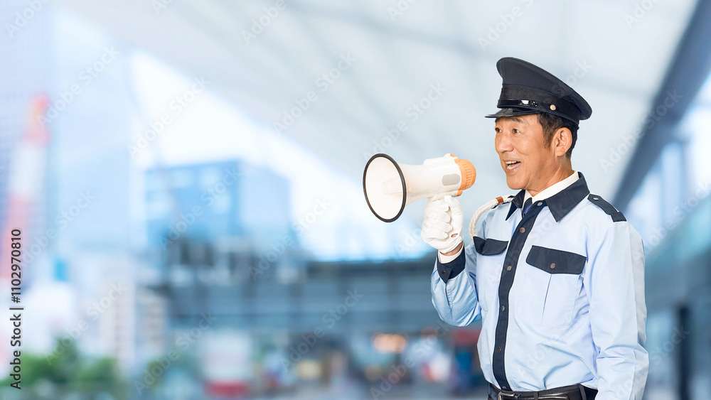 Fototapete 警察官、セキュリティ、警察、警官、パトロール、警備員、男性、拡声器、誘導、交通整理、案内、スピーカー、DJポリス、イベント、警備、警備会社、防犯、制服、職業、仕事、アルバイト、中年、ミドルエイジ、日本人、混雑、監視、取り締まり、見守り、安全、号令、叫ぶ、大声、応援、注意、警告、交渉、人質、立てこもり、ネゴシエーター、上半身、呼びかけ、スローモーション、駅、駅前、都市、治安、社会、都会、繁華街、人物