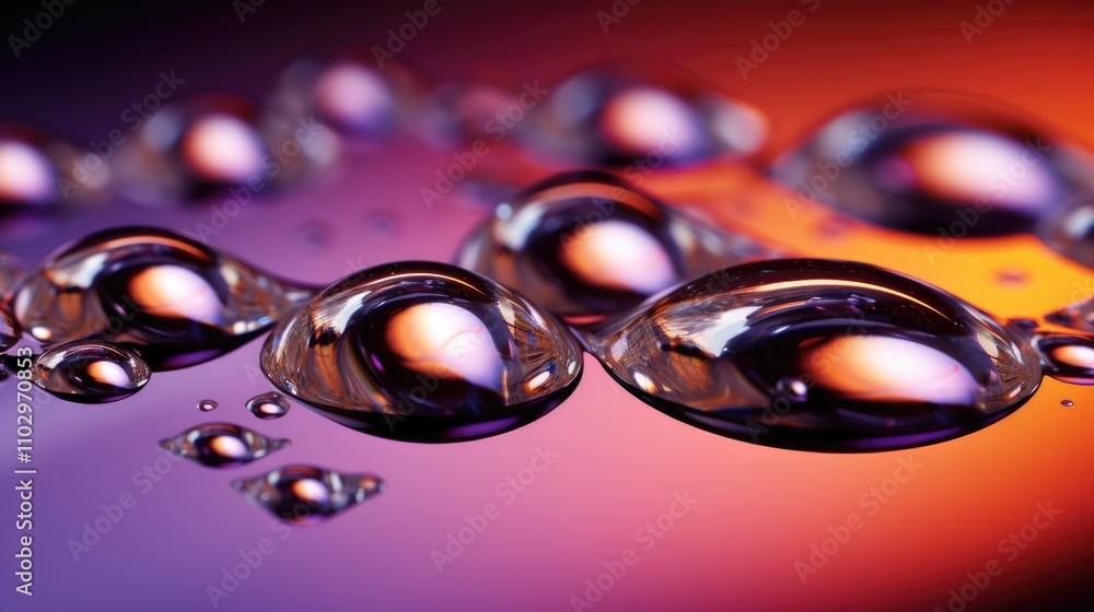 Poster macro view of vibrant water droplets reflecting colors on a smooth surface creating a stunning abstr