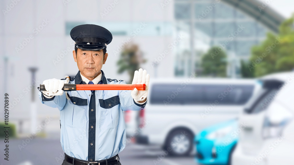 Leinwandbilder パトロール、警察官、警察、自動車、警備員、セキュリティ、交通整理、誘導、誘導灯、工事現場、通行止め、男性、ストップ、立入禁止、止める、制止、警備、警備会社、防犯、防災、制服、守衛、駐車場、イベント、施設、管理、満車、職業、仕事、アルバイト、中年、ミドルエイジ、日本人、巡回、監視、取り締まり、見守り、安全、片側相互通行、注意、規制、工事、建設、停止、スローモーション、駐車、パーキング、ビル、都市、人
