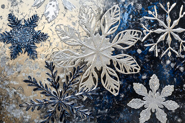 A modern abstract design featuring intricate snowflakes in blue and silver tones, creating a frosty, winter-inspired New Year theme