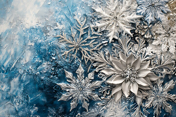 A modern abstract design featuring intricate snowflakes in blue and silver tones, creating a frosty, winter-inspired New Year theme