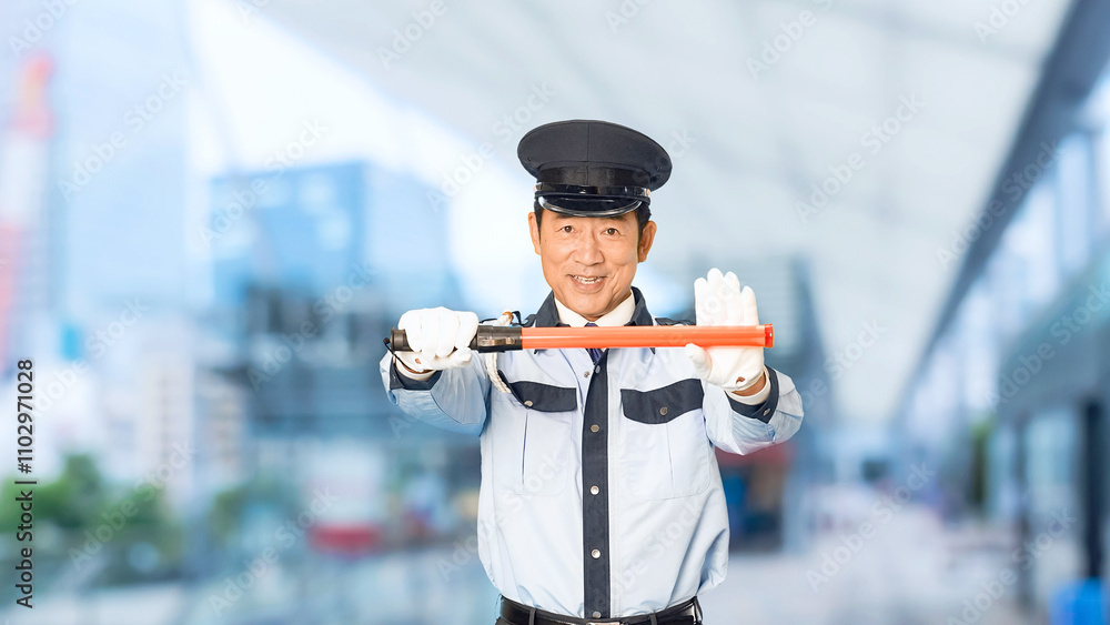 Leinwandbilder 警察、警察官、警備員、交通整理、誘導、警備、交通、道路、安全、誘導灯、工事現場、建設、駐車場、案内、男性、通行止め、検問、規制、セキュリティ、警備会社、防犯、職業、仕事、アルバイト、中年、ミドルエイジ、日本人、取り締まり、見守り、ガイド、笑顔、制服、イベント、守衛、管理人、通行、働く、片側交互通行、工事、事件、事故、スローモーション、駅、駅前、都市、治安、社会、都会、繁華街、人物