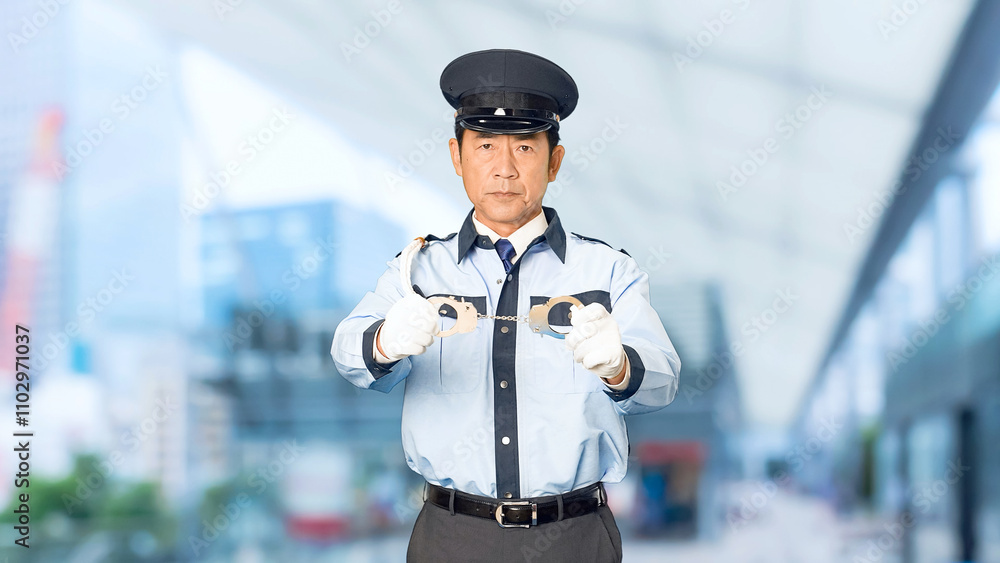 Fototapete 警察官、警察、パトロール、警官、逮捕、手錠、犯罪、違法、違反、法律、リスク、危険、権利、お巡りさん、交番、巡査、職業、仕事、アルバイト、中年、ミドルエイジ、男性、日本人、見回り、監視、取り締まり、拘束、拘置所、留置所、連行、職質、職務質問、現行犯、窃盗、痴漢、詐欺、警告、刑事、事件、刑法、警戒、スローモーション、駅、駅前、都市、治安、社会、都会、繁華街、人物