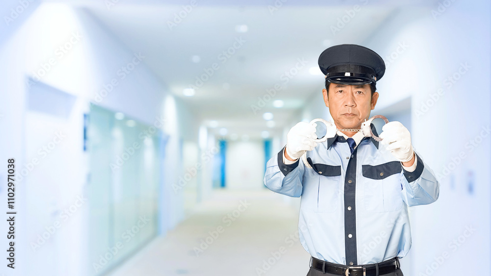 Leinwandbilder 警察官、警察、パトロール、警官、逮捕、手錠、犯罪、違法、違反、法律、リスク、危険、権利、お巡りさん、交番、巡査、職業、仕事、アルバイト、中年、ミドルエイジ、男性、日本人、見回り、監視、取り締まり、拘束、拘置所、留置所、連行、職質、職務質問、現行犯、窃盗、痴漢、詐欺、警告、刑事、事件、刑法、警戒、スローモーション、通路、病院、ビル、施設、役所、エントランス、入口、人物