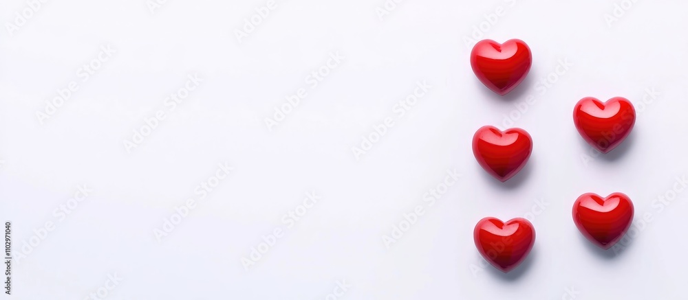 Poster red heart shapes arranged on a clean white background symbolizing love with ample space for text and