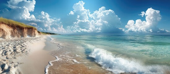 Serene beach landscape with clear turquoise waters and dramatic cloud formations under a bright blue sky.