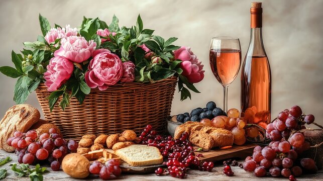 Wicker basket with peony flowers and picnic food including wine fruits and pastries on a rustic table setting for a delightful outdoor experience