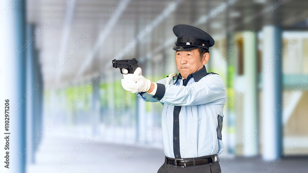 Poster 軍隊、警察、警官、警察官、パトロール、セキュリティ、拳銃、ピストル、発砲、射撃、訓練、警備員、警戒、犯罪、防犯、日本人、男性、危険、ハンドガン、緊急、自衛官、機動隊、犯人、現行犯、制圧、警告、トレーニング、警備、保安、ボディガード、巡回、監視、取り締まり、警備会社、制服、お巡りさん、交番、逮捕、犯行、現場、巡査、スローモーション、通路、病院、ビル、施設、役所、エントランス、入口、人物