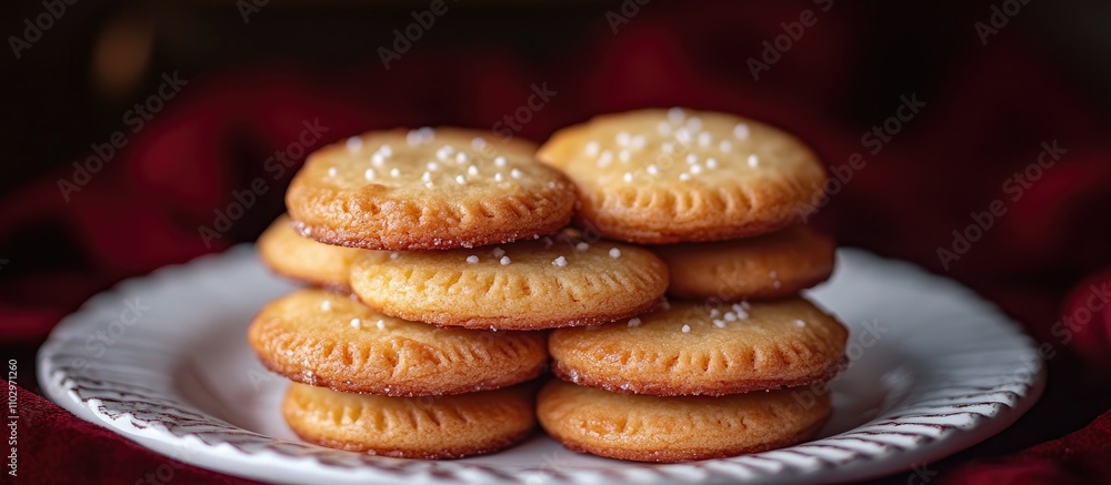 Poster norwegian krumkake cookies arranged on a vintage white platter with a rich red background creating a