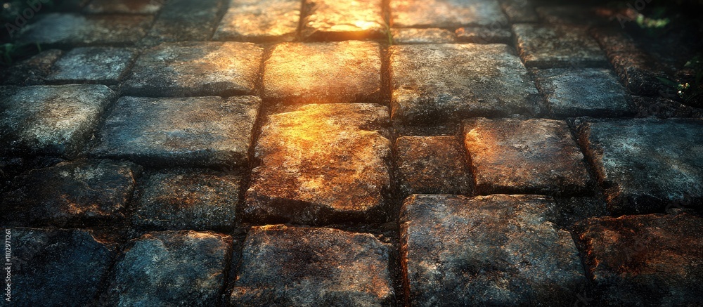 Poster textured stone pavement with weathered bricks illuminated by warm sunlight creating a rustic and atm