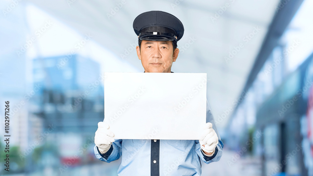 Leinwandbilder 警察、警備員、守衛、メッセージ、ボード、フリップ、警察官、日本人、歓迎、出迎え、案内、ガイド、告知、男性、お知らせ、白紙、カード、セキュリティ、警備、警備会社、防犯、防災、制服、職業、仕事、アルバイト、中年、ミドルエイジ、パトロール、交通安全、取り締まり、見守り、安全、安心、教室、説明、紹介、広告、宣伝、教育、標語、スローガン、スローモーション、駅、駅前、都市、治安、社会、都会、人物