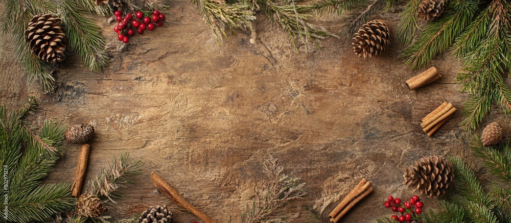 Poster festive pine branches with cones cinnamon sticks and berries on rustic wooden background with ample 