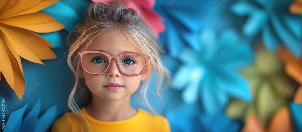 Poster child with glasses posing in front of colorful paper flowers creating a vibrant and artistic backdro