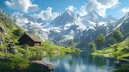 Fototapeta premium Scenic mountain landscape with a tranquil lake and a rustic cabin surrounded by nature.