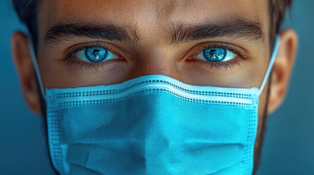 Sporty young man with blue eyes wearing a medical mask close-up for health safety and protection concept during pandemic times