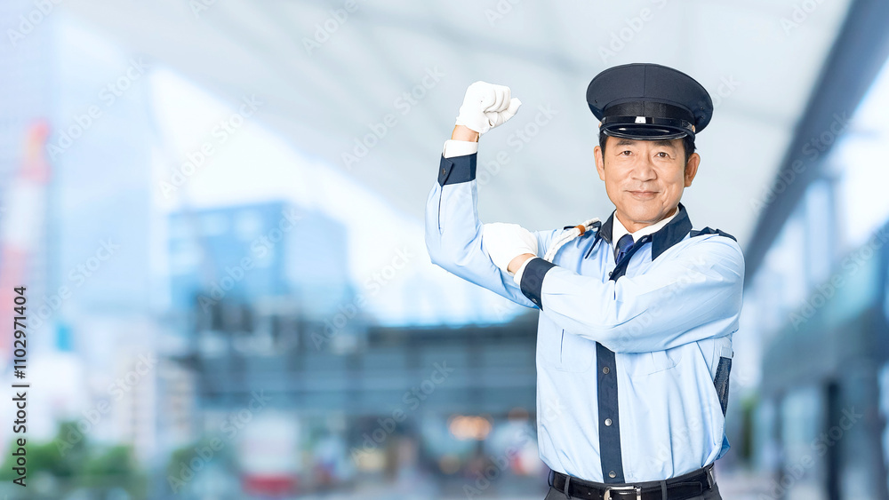 Poster 警察官、警察、パトロール、セキュリティ、男性、警備員、パワー、元気、警備、パワフル、力こぶ、仕事、笑顔、日本人、中年、ミドルエイジ、アルバイト、働く、やる気、ガッツポーズ、警備会社、防犯、防災、制服、守衛、ガードマン、門番、見張り、保安、ボディガード、巡回、監視、取り締まり、見守り、安全、信頼、頼もしい、守る、トレーニング、訓練、ファイト、スローモーション、駅、駅前、都市、治安、社会、都会、繁華街