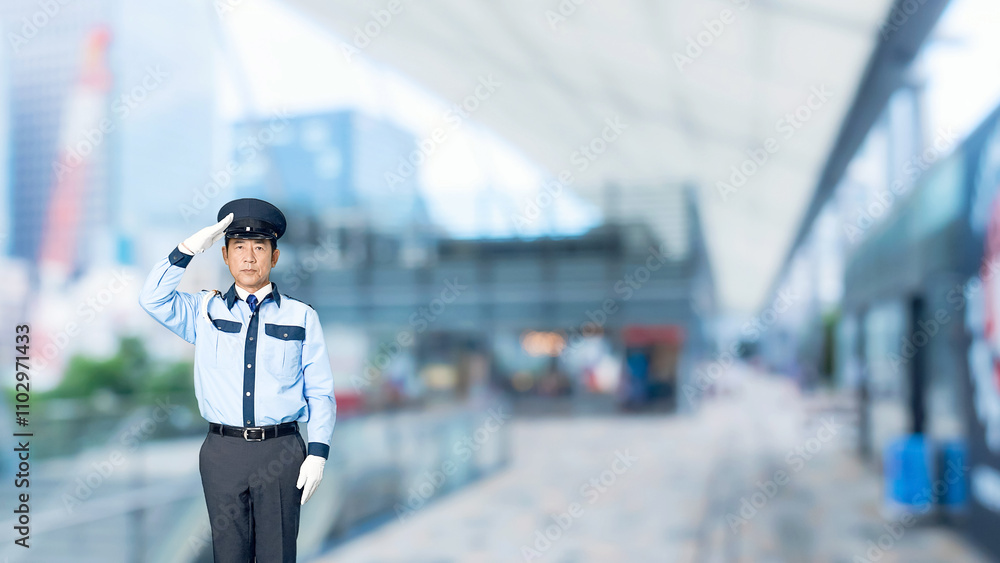 Leinwandbilder 警察官、警察、パトロール、警官、制服、警備員、敬礼、日本人、全身、信頼、警備、警戒、セキュリティ、警備会社、防犯、防災、守衛、ガードマン、門番、見張り、保安、ボディガード、見回り、巡回、監視、取り締まり、見守り、安全、仕事、アルバイト、職業、シリアス、正義、正義感、朝礼、式典、儀礼、公務員、挨拶、交番、警察署、スローモーション、駅、駅前、都市、治安、社会、都会、繁華街、人物
