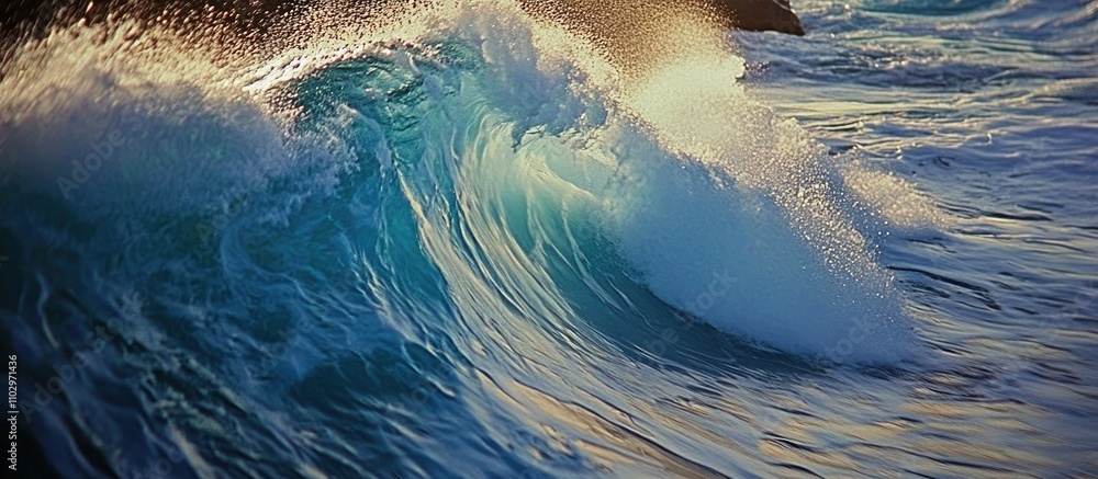 Poster dynamic ocean waves creating a stunning visual effect with shimmering light and vibrant colors refle