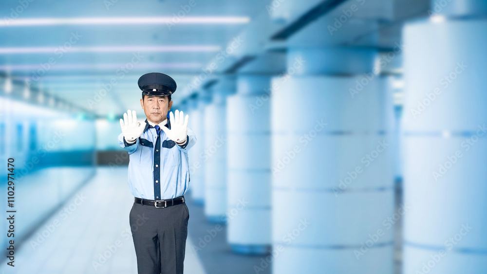 Leinwandbilder 警察官、警察、パトロール、セキュリティ、警備員、ストップ、警備、禁止、通行止め、規制、警官、全身、止める、停止、制止、警備会社、防犯、防災、制服、守衛、ガードマン、門番、見張り、保安、ボディガード、見回り、巡回、監視、取り締まり、見守り、安全、違反、違法、ルール、立入禁止、ダメ、お断り、NG、工事、建設、危険、ギャラリー、スローモーション、地下、通路、駅、駅員、地下鉄、地下道、人物