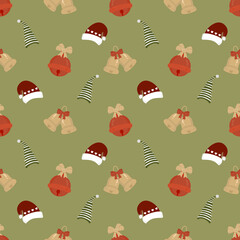 Vintage Color Christmas Seamless Patterns with Christmas bells and Santa hat