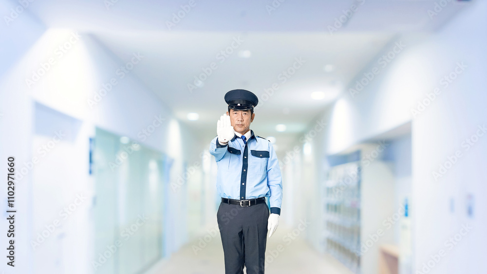 Leinwandbilder 警察官、警察、パトロール、警官、セキュリティ、警備員、ストップ、警備、禁止、通行止め、規制、全身、止める、停止、制止、警備会社、防犯、防災、制服、守衛、ガードマン、門番、見張り、保安、ボディガード、見回り、巡回、監視、取り締まり、見守り、安全、違反、違法、ルール、立入禁止、ダメ、お断り、NG、工事、建設、危険、スローモーション、通路、病院、ビル、施設、役所、エントランス、入口、人物