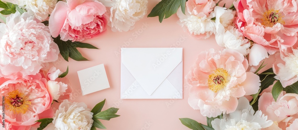 Poster minimalist flat lay mockup featuring pink peonies around a white envelope and card with ample copy s