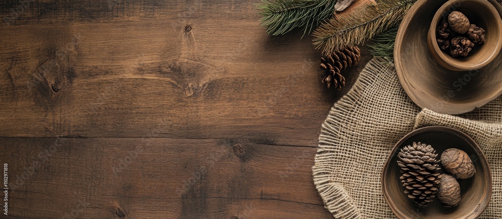 Poster rustic wooden tabletop with natural decor elements including pine cones and woven fabric creating a 