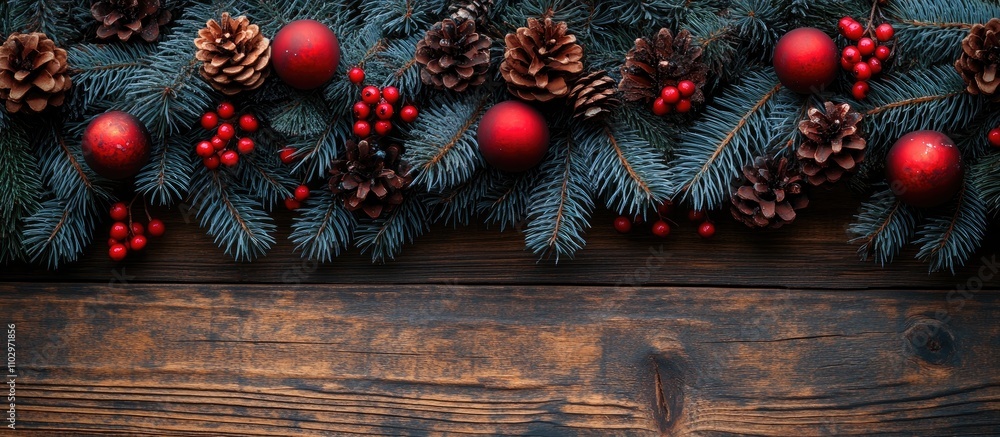 Poster spruce branches adorned with berries and pinecones on a rustic wooden surface creating a festive atm
