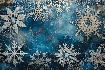 A modern abstract design featuring intricate snowflakes in blue and silver tones, creating a frosty, winter-inspired New Year theme