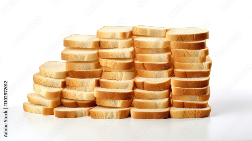Poster stacks of evenly sliced sandwich bread arranged neatly on a clean white background showcasing textur