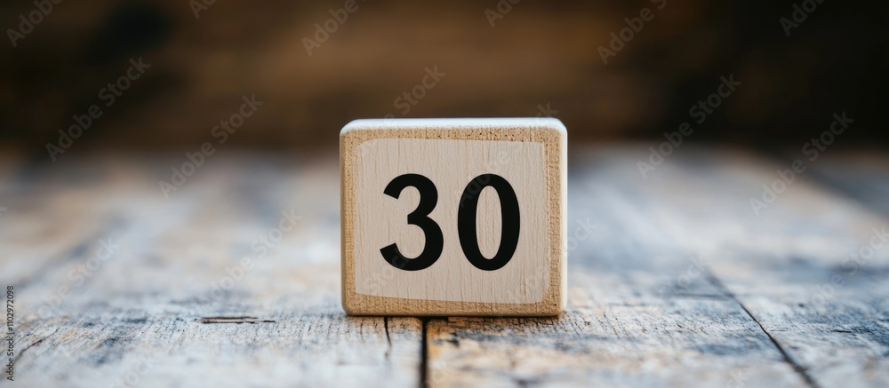 Poster wooden calendar block displaying the number 30 on a rustic wooden table background for scheduling an