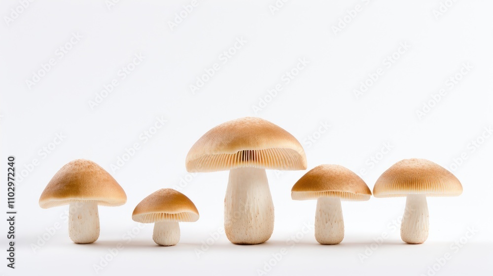 Poster shimeji mushrooms arranged in a row showcasing their unique shapes and colors on a clean white backg