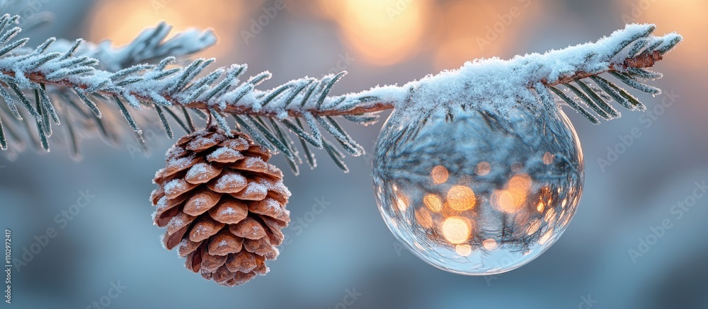 Aufkleber pine cone and snow in a transparent sphere on a frosted branch with a soft blue bokeh background cap