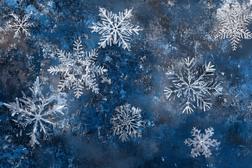 A modern abstract design featuring intricate snowflakes in blue and silver tones, creating a frosty, winter-inspired New Year theme