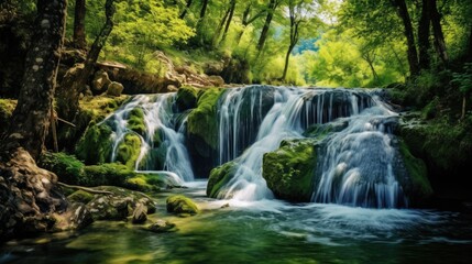 Serene waterfall cascading over rocks in a lush green forest setting with clear water flowing through a tranquil mountain river