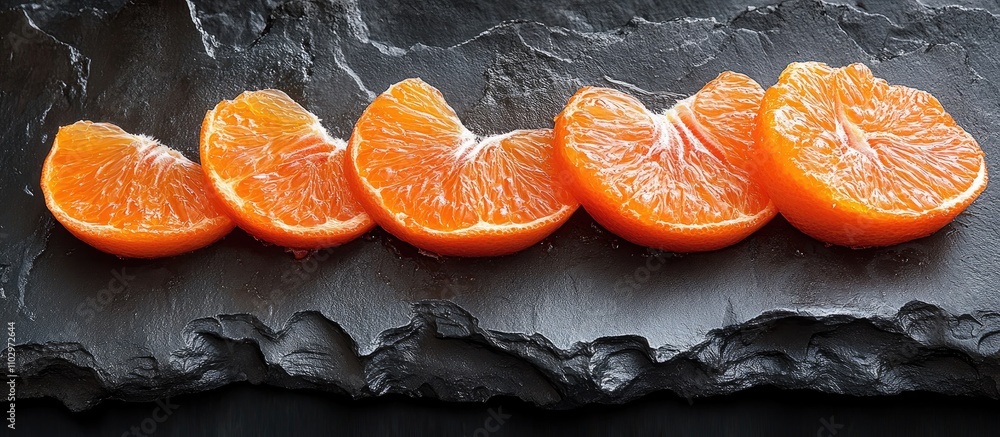 Poster fresh tangerine slices arranged on a textured slate table showcasing vibrant colors and natural patt