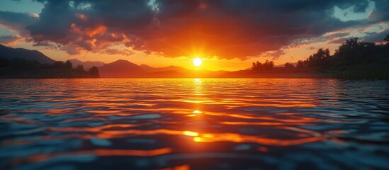 Serene sunset reflection over a tranquil lake with mountains and moody clouds creating a breathtaking natural landscape scene