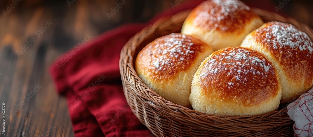 Poster freshly baked saffron buns in a wicker basket on a rustic wooden table with a red napkin creating a 