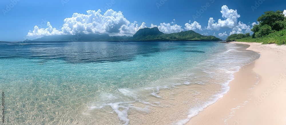 Poster serene white sandy beach with azure waters and fluffy clouds creating a tranquil escape for relaxati