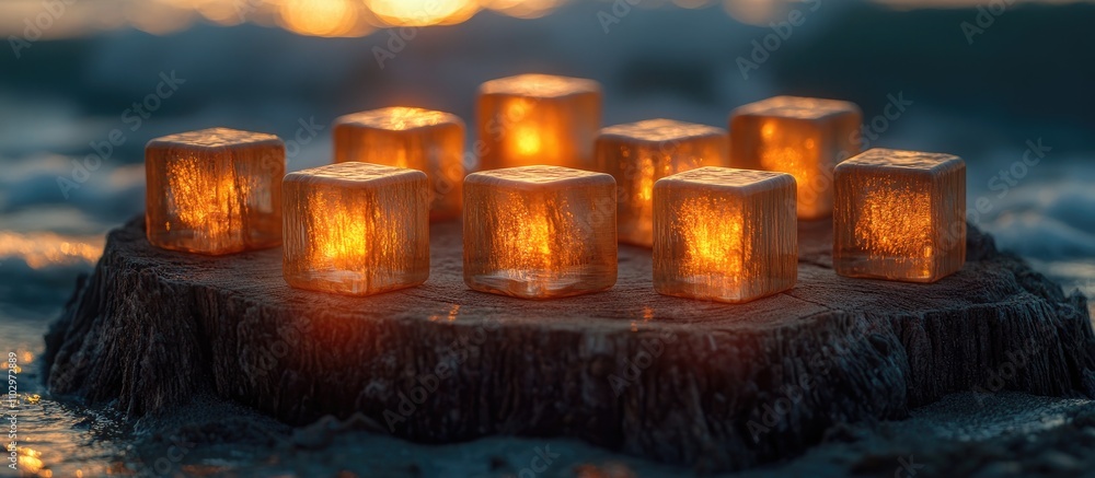 Poster glowing wooden cubes on tree stump illuminated by sunlight at the beach creating a serene and tranqu