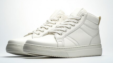 Trendy white leather high-top sneakers on minimalist backdrop Stylish casual athletic footwear for modern lifestyle