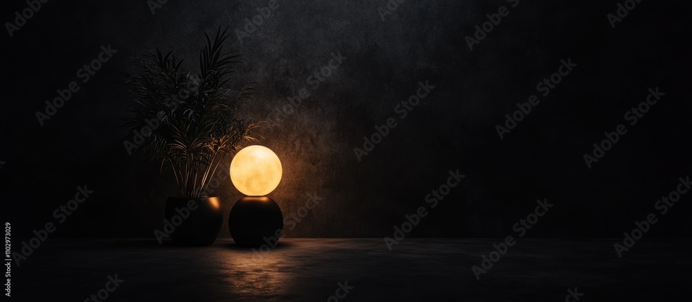 Poster minimalistic nighttime ambiance with small lamp and plants on a dark textured background highlightin