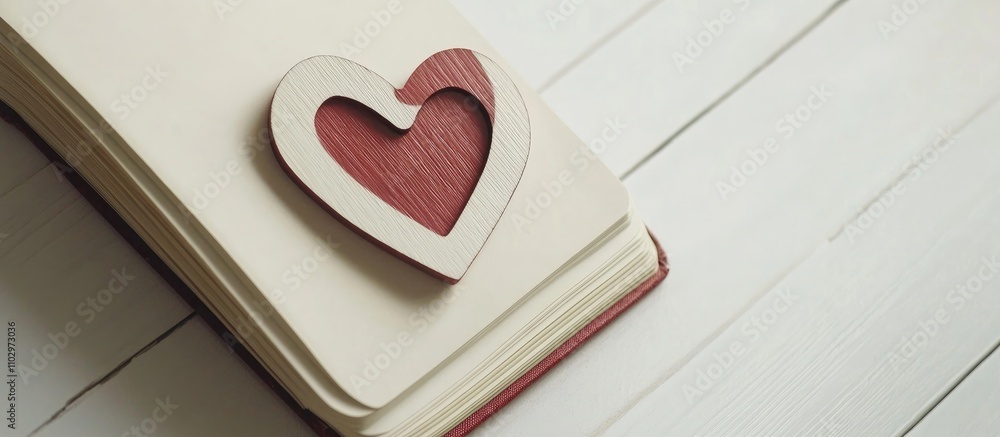 Poster top view of a handcrafted red and white heart on an open book against a rustic white wooden backgrou